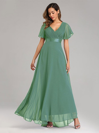 ライトグリーン シフォン プロムドレス Vネック 半袖 セミフォーマル マキシドレス ワインレッド