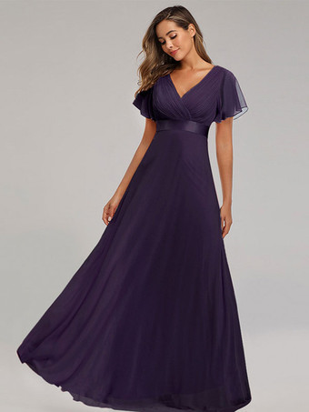 モーブ シフォン プロムドレス Vネック 半袖 セミフォーマル マキシドレス ワインレッド