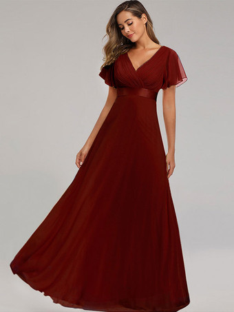 ワインレッド シフォン プロムドレス Vネック 半袖 セミフォーマル マキシドレス ワインレッド
