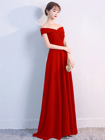 レッド オフショルダー ドレス エレガント 誕生日パーティー プロム カクテル マキシ ドレス