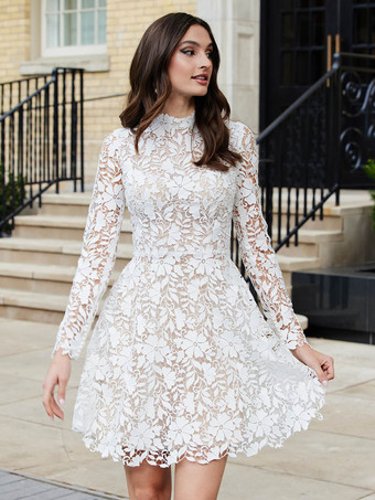 Short Wedding Dresses 2023 High Collar Long Sleeves A-Line Lace Bridal Gowns Free Customization