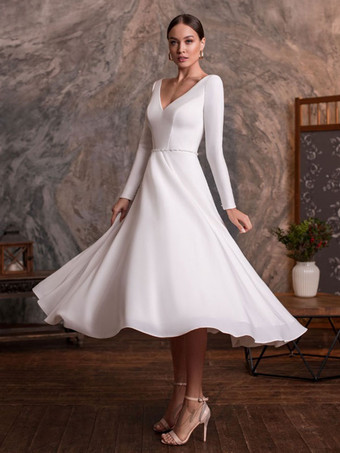 Short Wedding Dress 2024 V-Neck Long Sleeves A-Line Ankle-Length Bridal Dresses Free Customization