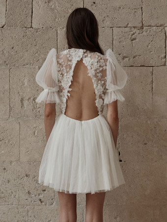 ショートウェディングドレス 2025 ジュエルネック ショートスリーブ Aライン ショートブライダルドレス 無料カスタマイズ