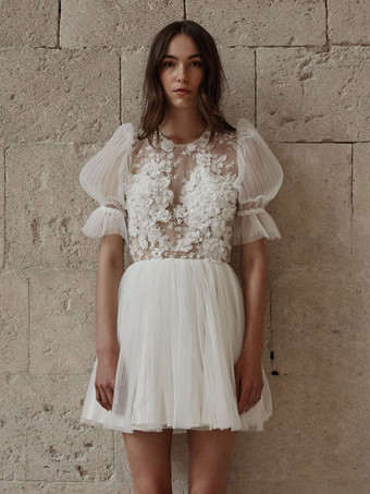 Короткие свадебные платья 2024 Jewel Neck с короткими рукавами A-Line Короткое свадебное платье Бесплатная настройка