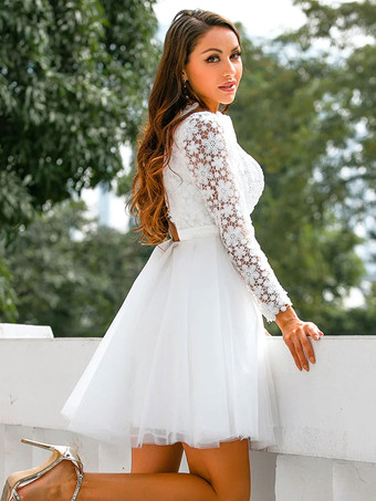 ショート ウェディングドレス 2025年 ジュエルネック 長袖 Aライン レース ショート ブライダルドレス 自由なカスタマイズ