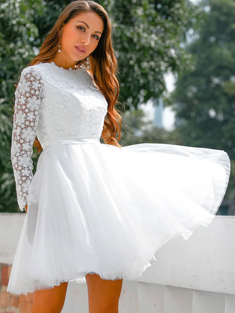Короткое свадебное платье 2024 Jewel Neck с длинными рукавами A-Line Кружева Короткие свадебные платья Бесплатная настройка