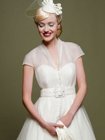 ショート ウェディングドレス 2025年 Vネック 半袖 Aライン くるぶし丈 ブライダルドレス 自由なカスタマイズ