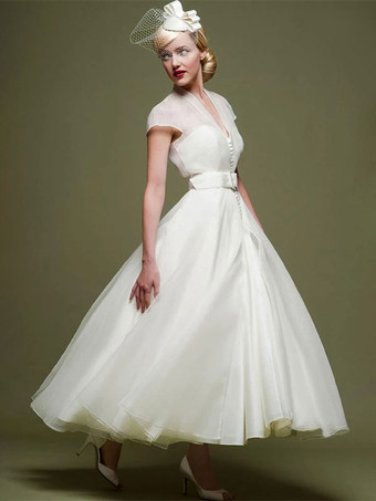 Short Wedding Dresses 2024 V-Neck Short Sleeves A-Line Ankle-Length Bridal Dresses Free Customization