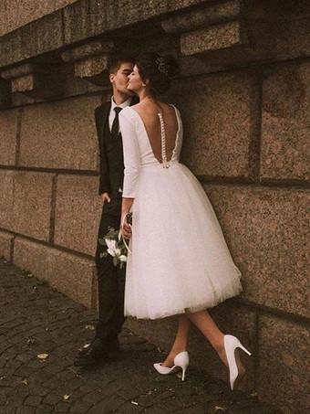 Short Wedding Dresses 2024 Knee-Length V-Neck 3/4 Length Sleeves A-Line  Natural Waist Bridal Dresses Free Customization