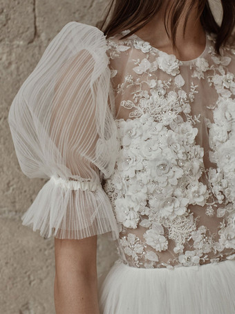 ショートウェディングドレス 2025 ジュエルネック ショートスリーブ Aライン ショートブライダルドレス 無料カスタマイズ