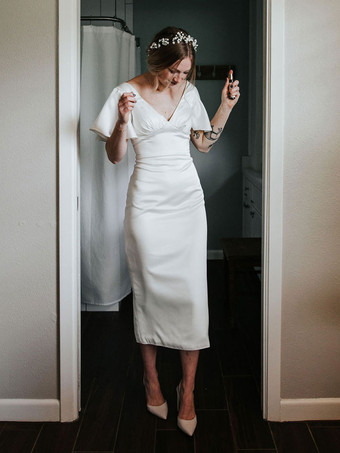 Short Wedding Dresses 2024 Tea-Length V-Neck Short Sleeves Sheath Bridal Gowns Free Customization