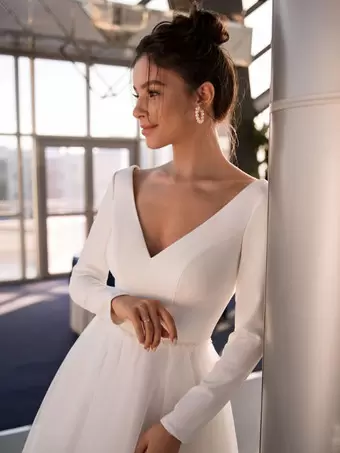 Short Wedding Dresses 2024 V-Neck Long Sleeves A-Line Tea-Length Bridal  Dresses Free Customization