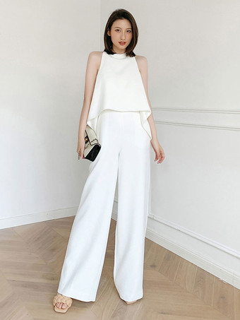White Women's Jumpsuit Sleeveless Chiffon Wide Leg One Piece Outfit