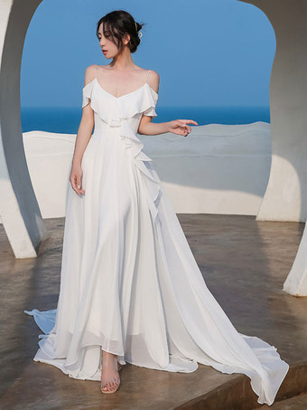 Long Dress Chiffon V-Neck Spaghetti Straps Open Back Beach Wedding Dresses