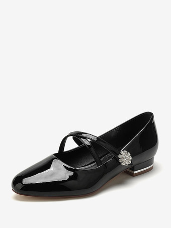 negro Zapatos de boda Zapatos de dama de honor Patente PU Punta redonda Pedrería