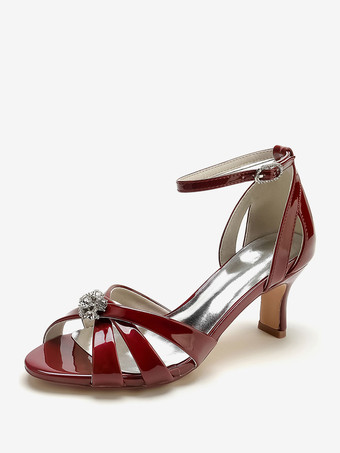 ワインレッド ウェディングシューズ ブライドメイドシューズ パテント PU アッパー オープントゥ ラインストーン