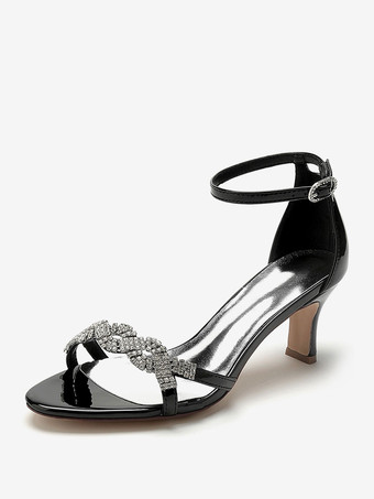 Sapatos de noiva com cano alto patenteado PU preto com strass sandálias de casamento com dedo aberto