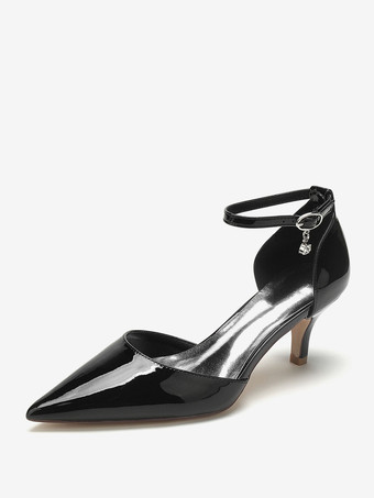 negro Zapatos de boda Bombas nupciales Patente PU Punta estrecha Pedrería