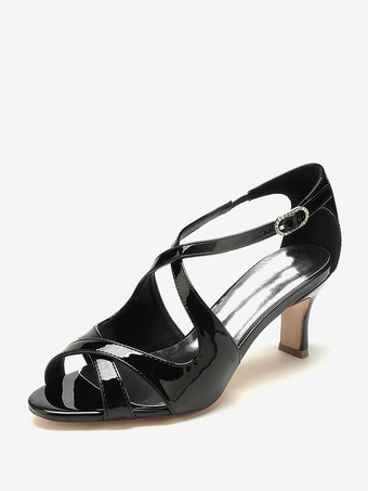 ブラック ウェディング シューズ パテント PU アッパー ブルゴーニュ ラインストーン オープントゥ ウェディング サンダル