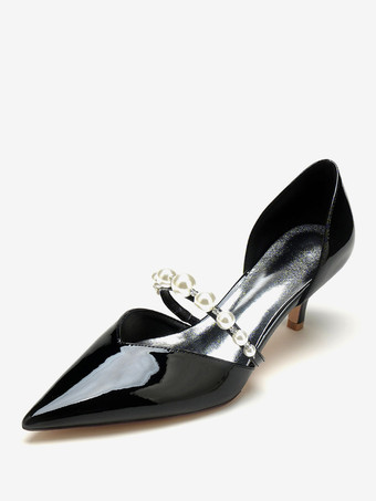 ブラック ウェディングシューズ ブライダルパンプス パテント PU アッパー ポインテッドトゥ パール