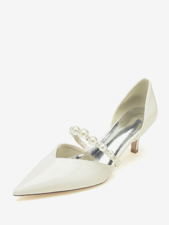アイボリー ウェディングシューズ ブライダルパンプス パテント PU アッパー ポインテッドトゥ パール