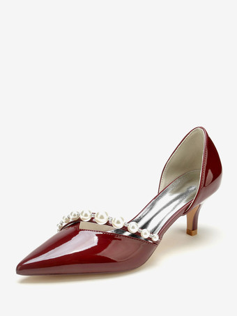 ワインレッド 子猫ヒール ウェディング シューズ パテント PU アッパー ポインテッドトゥ パール ブライダル パンプス
