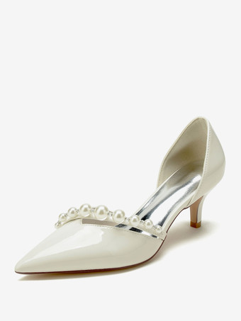 Sapatos de casamento com salto de gatinho patenteado PU bico fino bico fino pérolas sapatos de noiva
