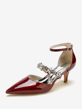 ワインレッド ウェディングシューズ ブライダルパンプス パテント PU アッパー ポインテッドトゥ ラインストーン
