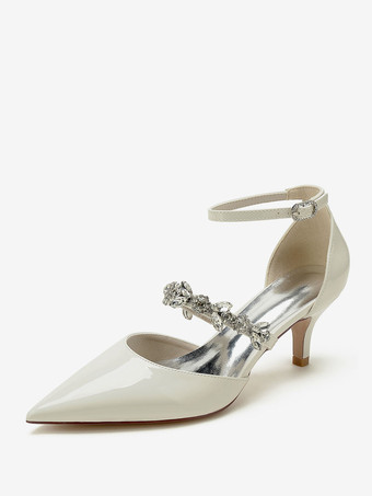 アイボリー ウェディングシューズ ブライダルパンプス パテント PU アッパー ポインテッドトゥ ラインストーン