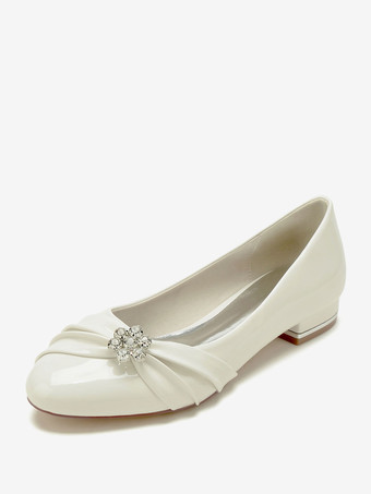 Ecru WhiteBridal Shoes Bridal Flats Patent PU Upper Round Toe Rhinestones