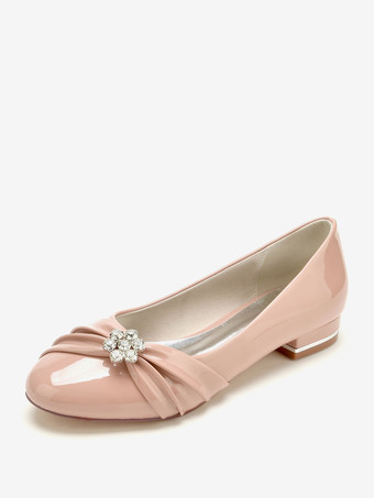NudeBridal Shoes Bridal Flats Patent PU Upper Round Toe Rhinestones
