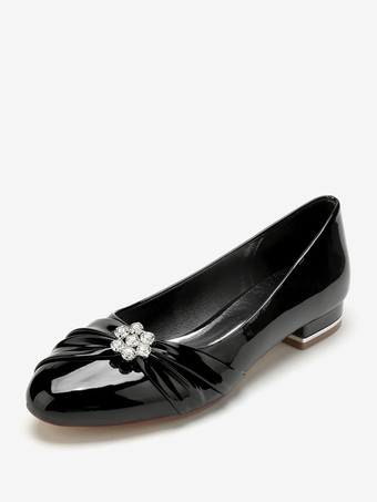 Black Bridal Shoes Bridal Flats Patent PU Upper Round Toe Rhinestones