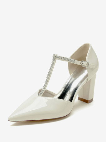 アイボリー 結婚式の靴母の花嫁の靴パテント PU アッパー ポインテッドトゥ ラインストーン 3.3"