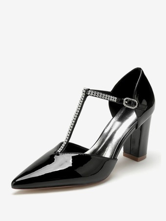 ブラック 結婚式の靴母の花嫁の靴パテント PU アッパー ポインテッドトゥ ラインストーン 3.3"