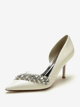 アイボリー 結婚式の靴母の花嫁の靴パテント PU アッパー ポインテッドトゥ ラインストーン 3.3"