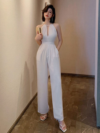 Weiße Overalls mit V-Ausschnitt  ärmelloses Sommer-Einteiler-Outfit