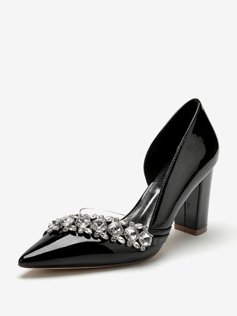 ブラック 結婚式の靴母の花嫁の靴パテント PU アッパー ポインテッドトゥ ラインストーン 3.3"