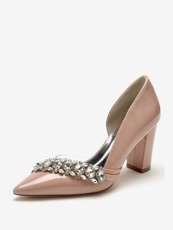 肌色結婚式の靴母の花嫁の靴パテント PU アッパー ポインテッドトゥ ラインストーン 3.3"