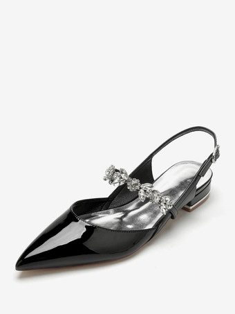 ブラック ブライダルシューズ ブライダルフラット パテント PU アッパー ポインテッドトゥ ラインストーン