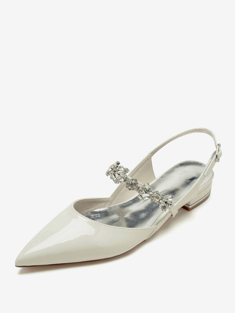 アイボリー ブライダルシューズ ブライダルフラット パテント PU アッパー ポインテッドトゥ ラインストーン