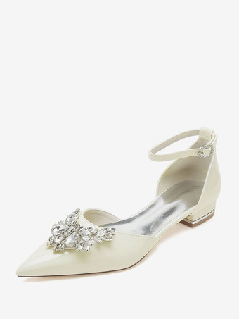 Ecru WhiteBridal Shoes Bridal Flats Patent PU Upper Pointed Toe Rhinestones