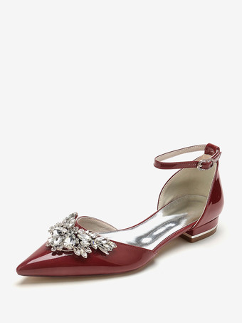 Burgundy Bridal Shoes Bridal Flats Patent PU Upper Pointed Toe Rhinestones