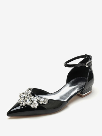 Black Bridal Shoes Bridal Flats Patent PU Upper Pointed Toe Rhinestones