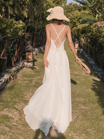 レディース ロングドレス Vネック ノースリーブ ハイロー ビーチドレス