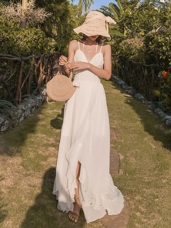 レディース ロングドレス Vネック ノースリーブ ハイロー ビーチドレス