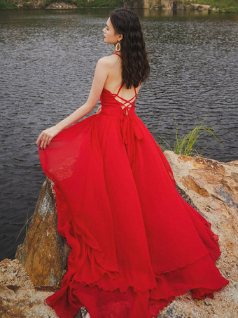 レッド レディース ロングドレス Vネック ノースリーブ ハイロー ビーチドレス