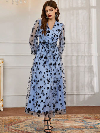 V-Neck Maxi Dress Long Sleeves Casual Floral Print Sheer Lace Long Dress