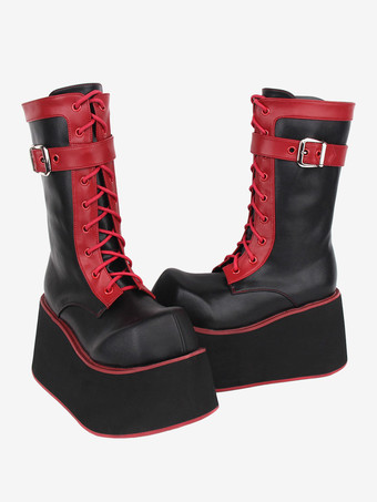 Bottes Lolita gothiques Chaussures Lolita en cuir PU à bout rond en PU noir