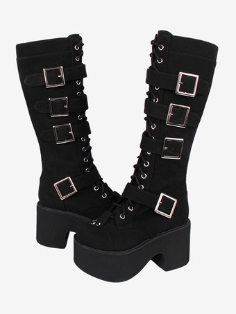 ゴシック ロリータ ブーツ PU レザー PU ラウンドトゥ ブラック ロリータ フットウェア