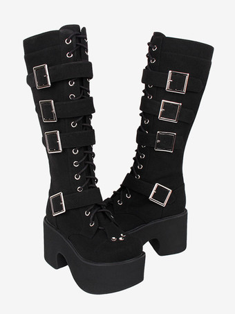 ゴシック ロリータ ブーツ PU レザー PU ラウンドトゥ ブラック ロリータ フットウェア